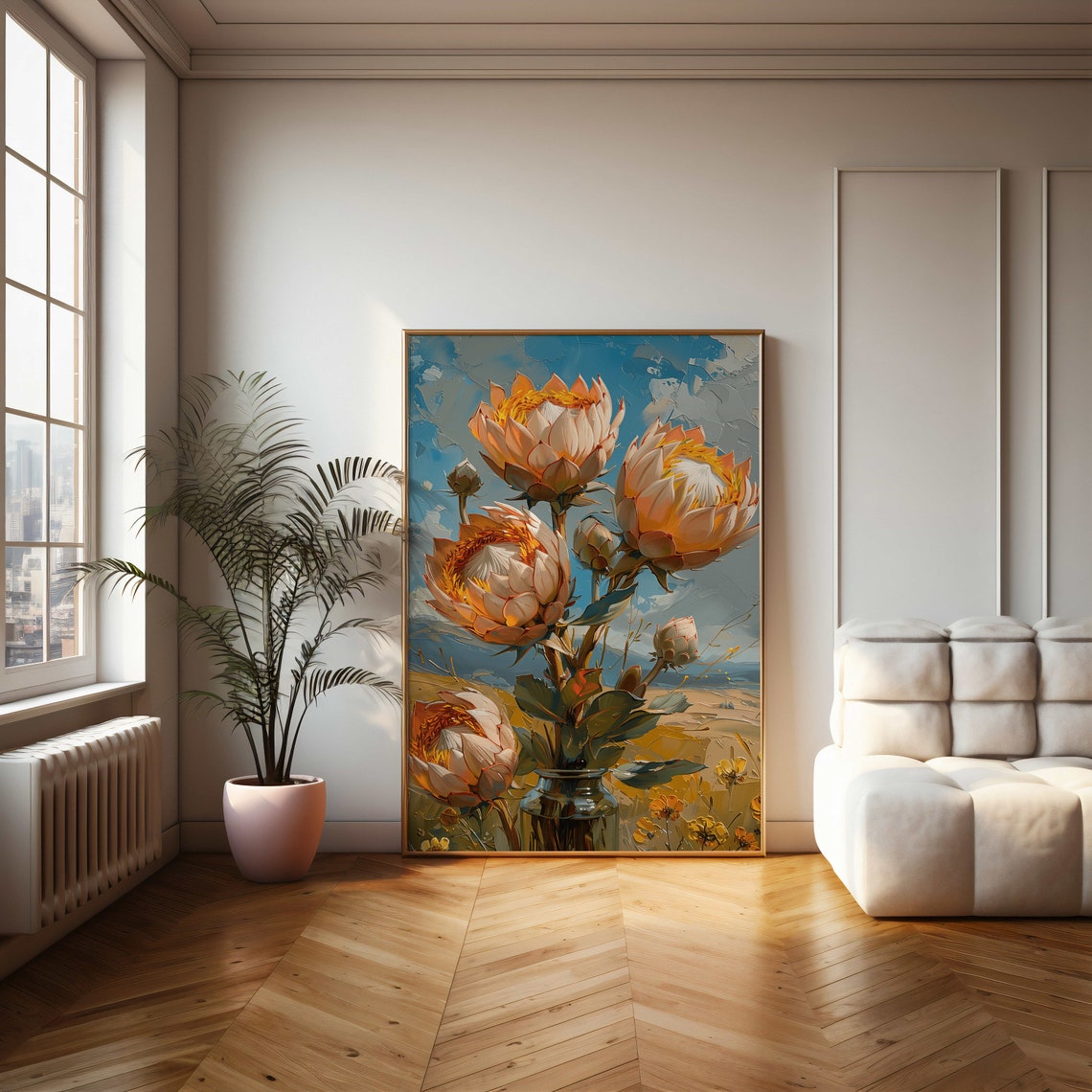 Peachy Protea Bouquet in a Vase Textured Oil Painting Poster - Image 2