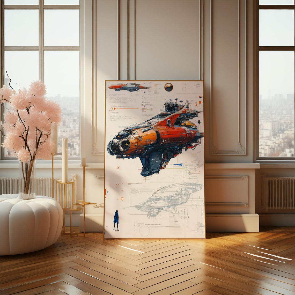 Retro Sci-Fi Spaceship Concept Technical Diagram Illustration Poster - Image 4