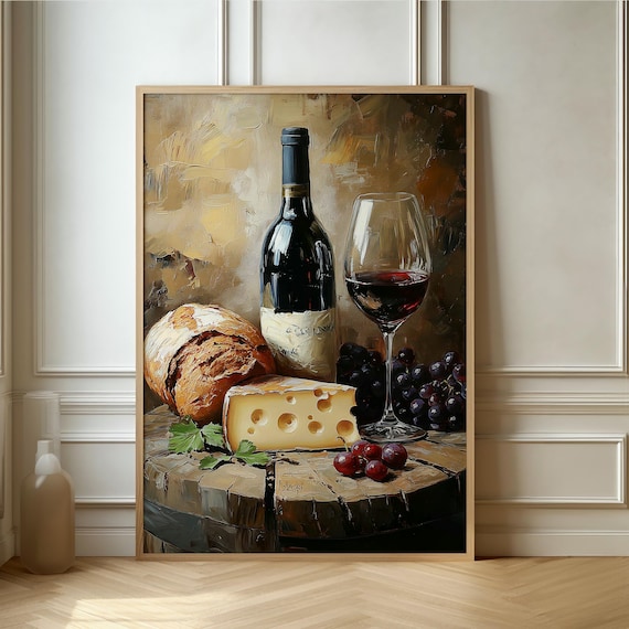 Red Wine Bottle Glass Bread And Cheese Still Life Rustic Oil Painting Poster