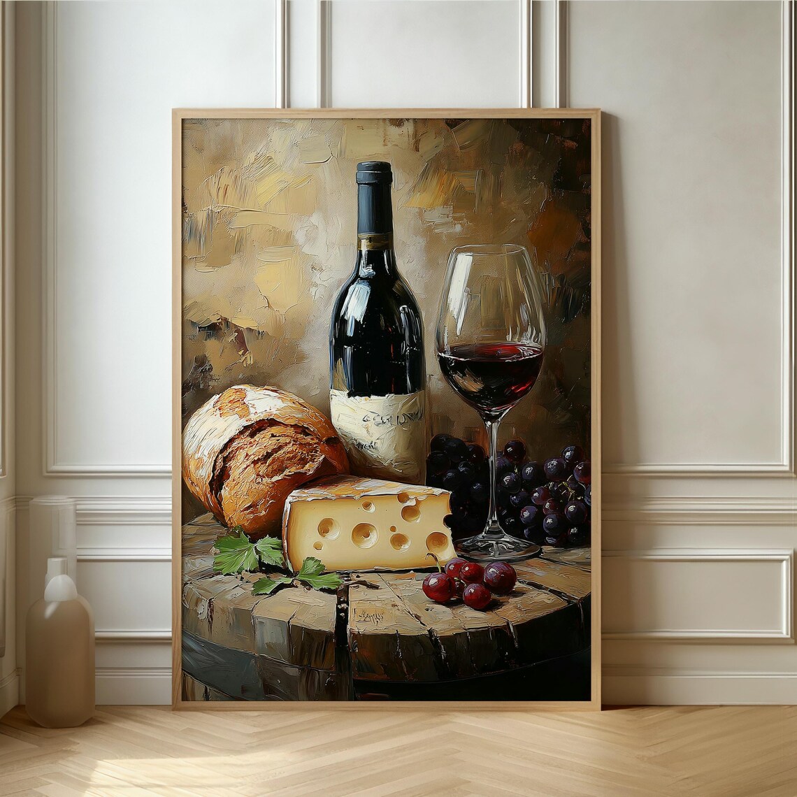 Red Wine Bottle Glass Bread And Cheese Still Life Rustic Oil Painting Poster