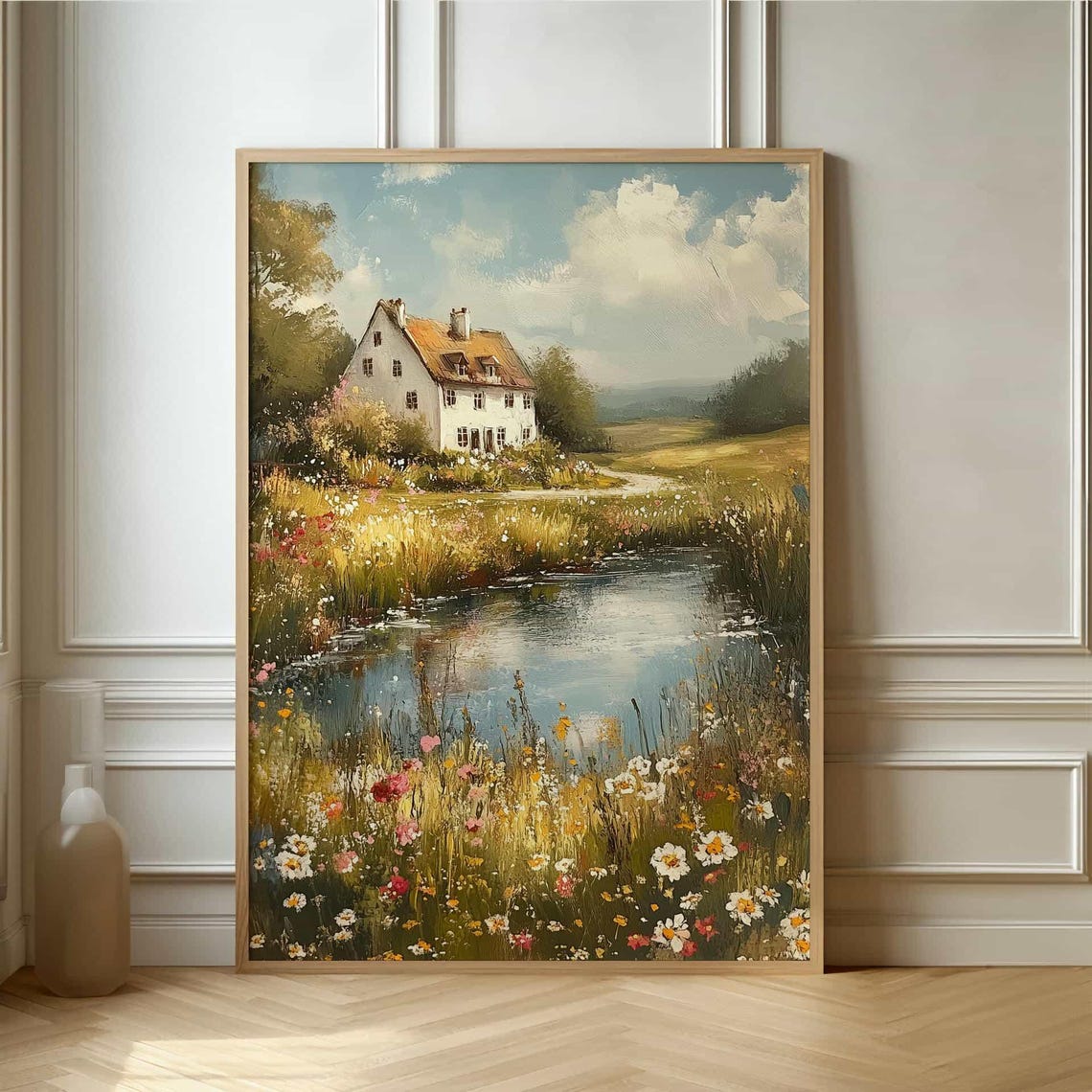 White Cottage by a Pond With Wildflowers Impressionist Poster