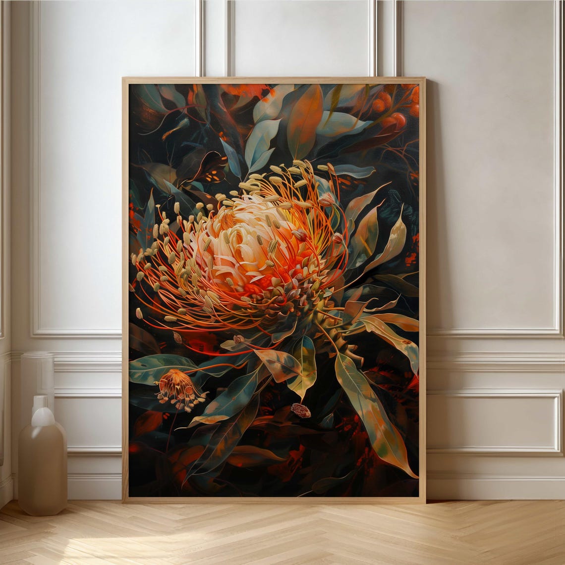 Golden Pincushion Protea Glowing Bright on Dark Foliage Poster