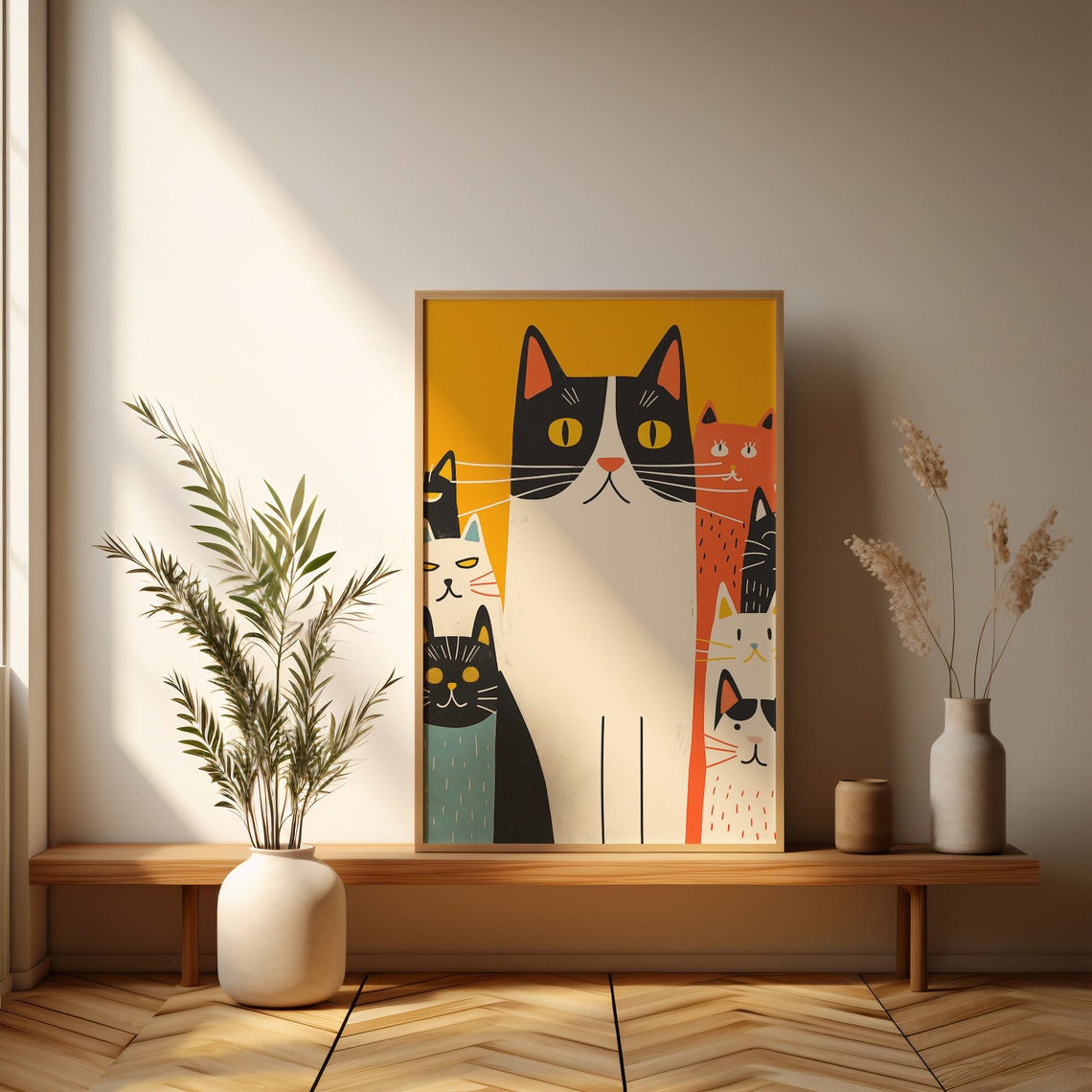 Cartoon Cat Family Group On Bright Yellow Background Art Poster - Image 3