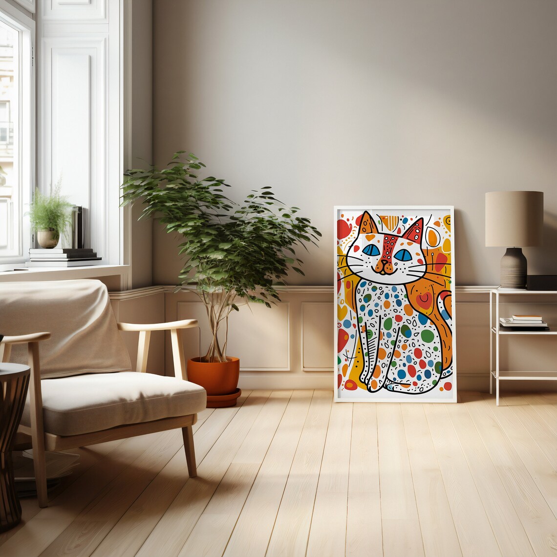 Simple Cat Doodle Art Print, Colorful Shapes and Polka Dots - Image 4