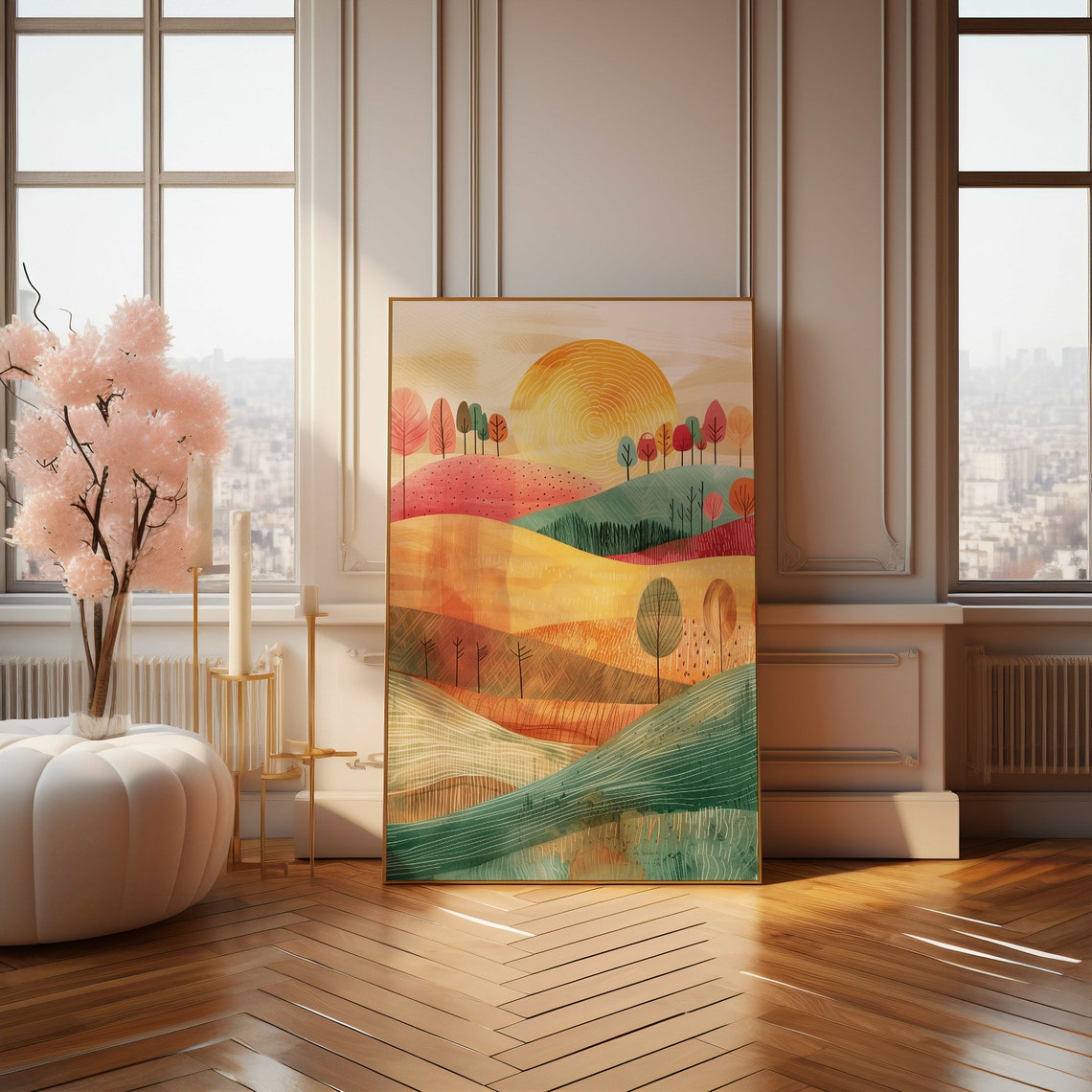 Whimsical Autumn Tree Over Colorful Rolling Hills Landscape Poster - Image 4