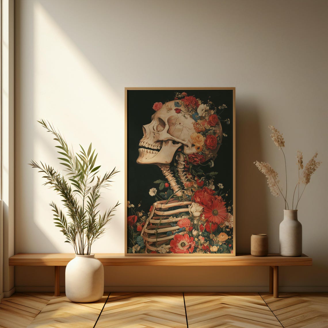 Human Skeleton with Blooming Flowers Dark Botanical Art Poster - Image 3