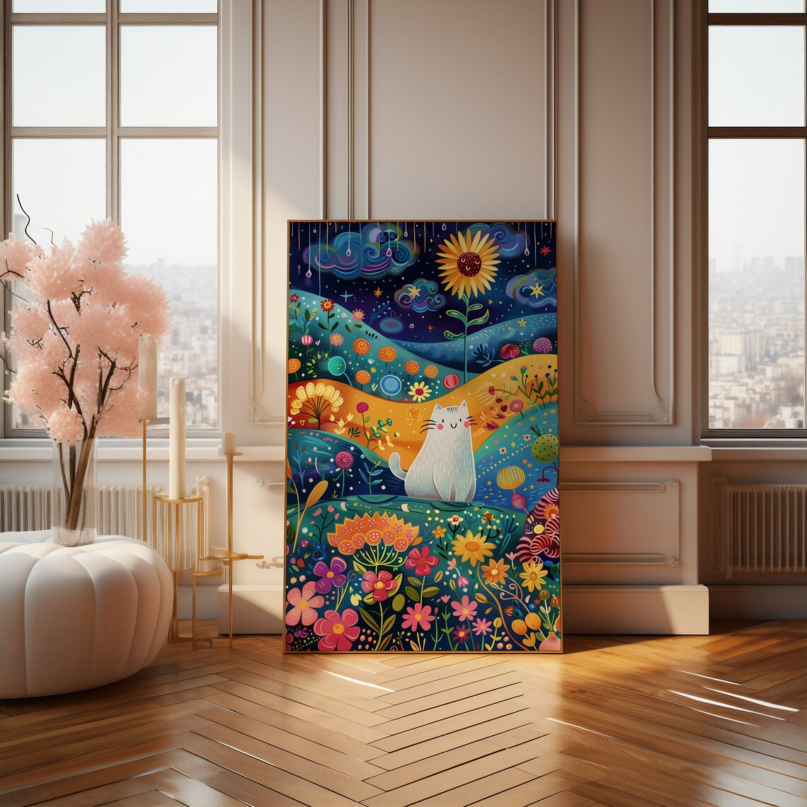 Whimsical Cat Fantasy Garden Night Scene Art Print - Image 2