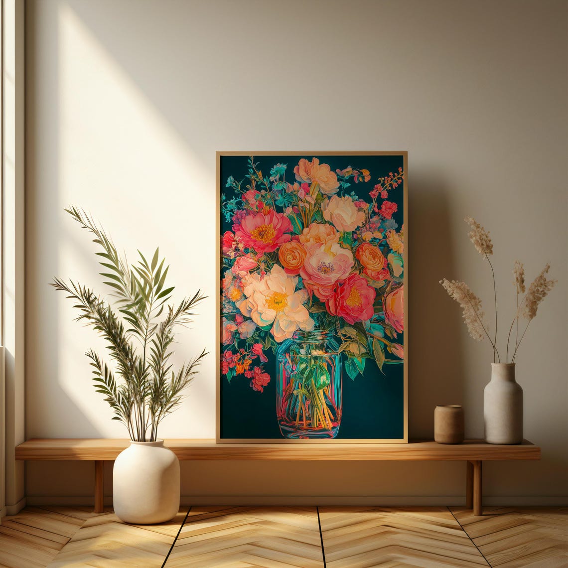 Vibrant Flower Bouquet in Glass Jar on Dark Teal Floral Poster Art - Image 3