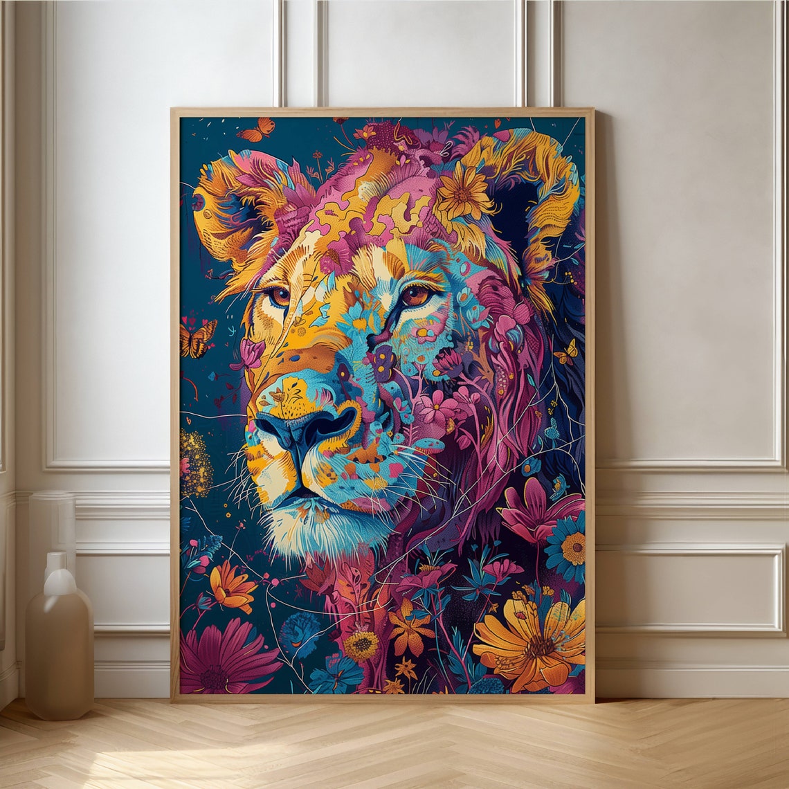 Front Facing Floral Lion Portrait With Butterflies Dark Teal Poster
