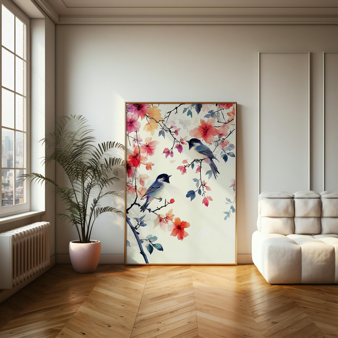 Blue Birds On Cherry Blossom Branches Watercolor Floral Poster - Image 2
