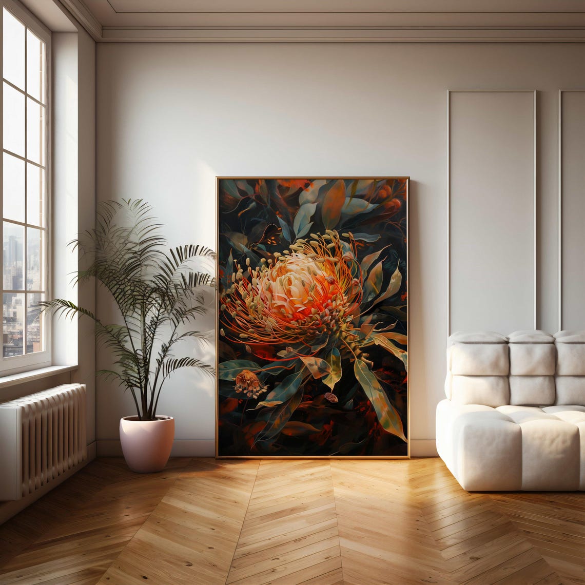 Golden Pincushion Protea Glowing Bright on Dark Foliage Poster - Image 2