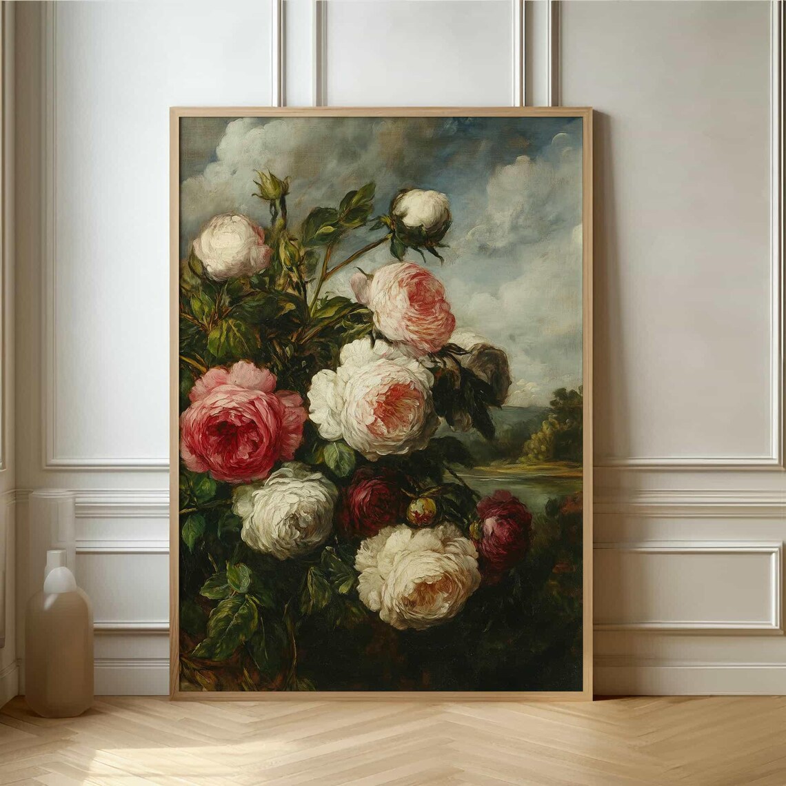 Vintage Oil Painting of Pink and White Roses Against Sky Poster