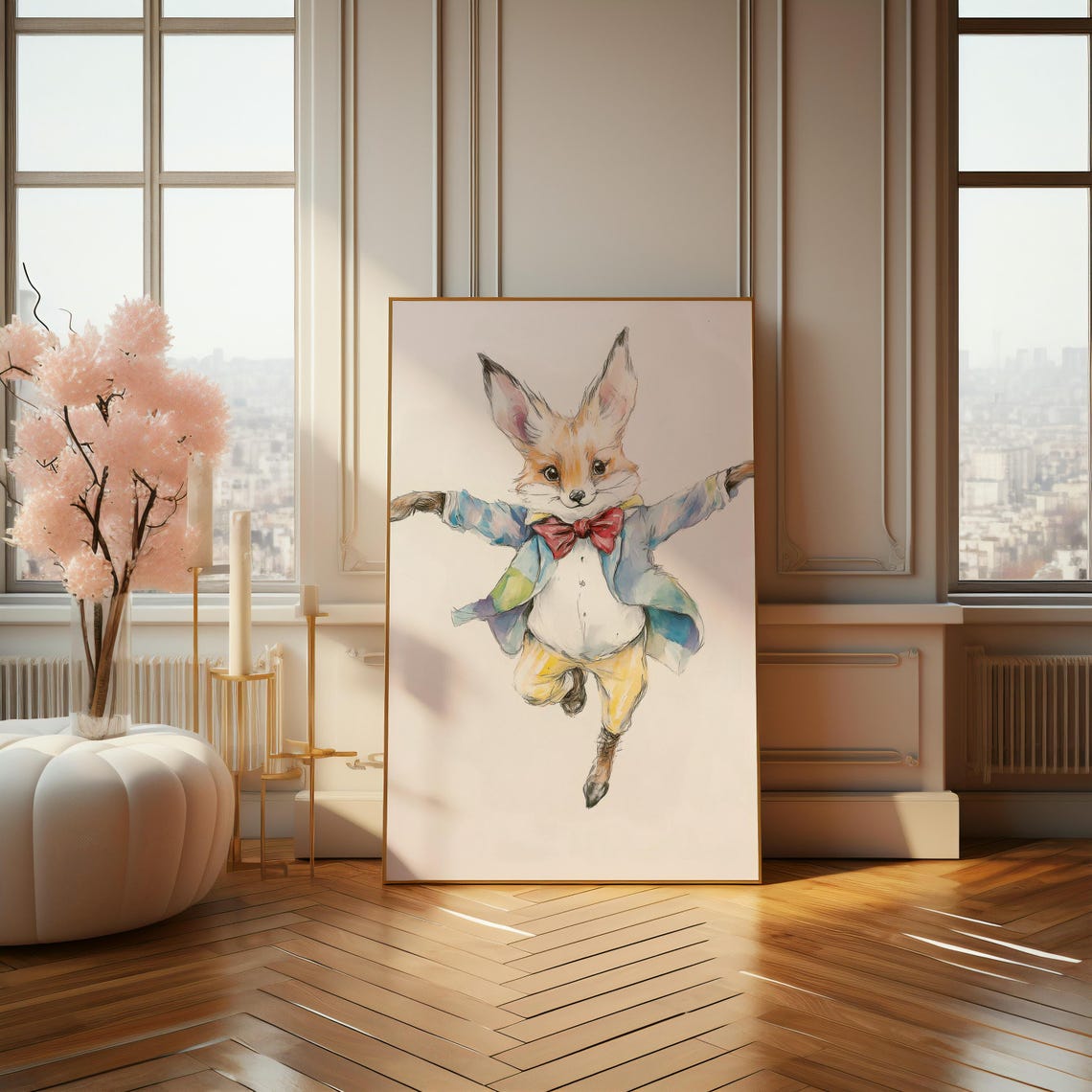Gentleman Fox In Red Bow Tie Leaping Watercolor Animal Poster - Image 4