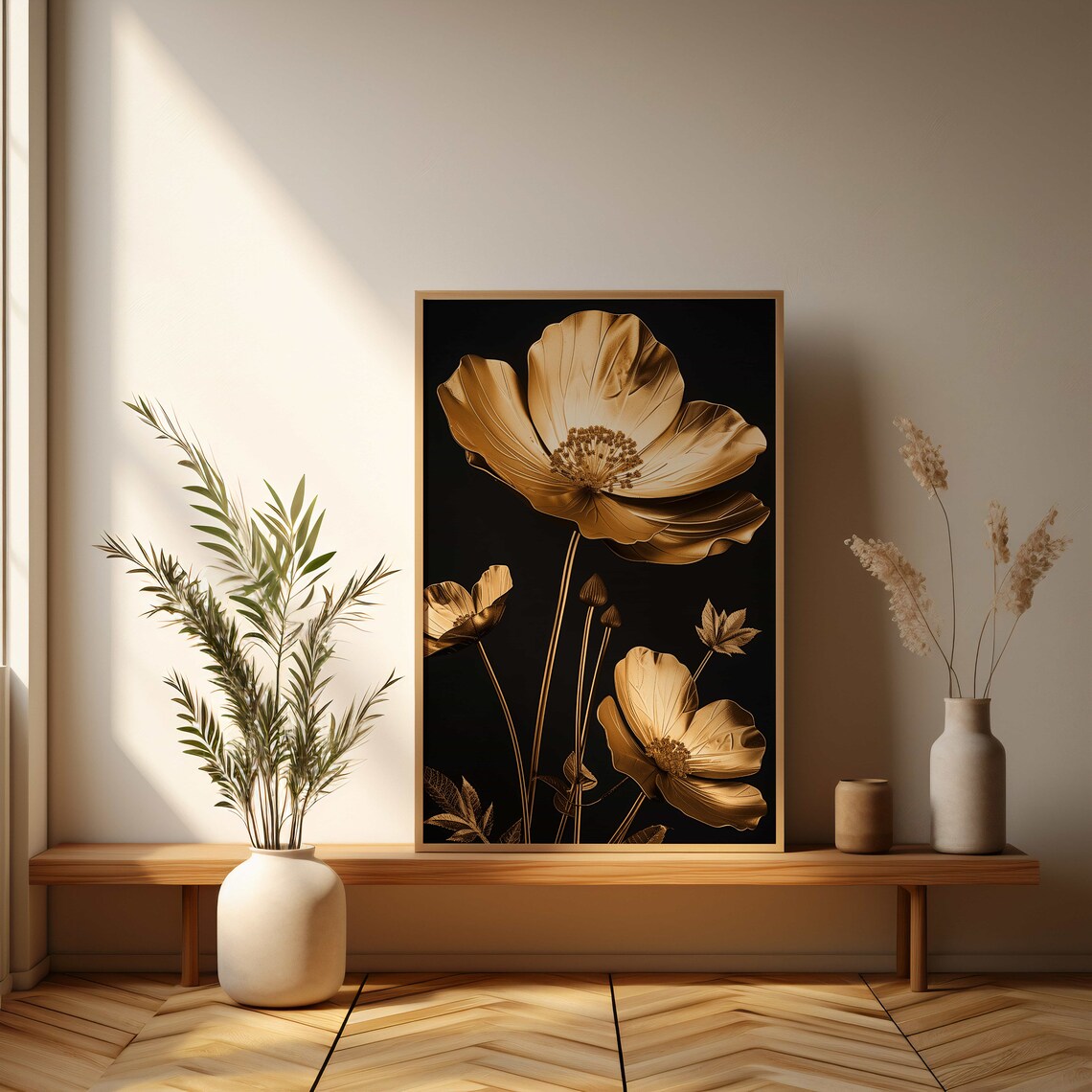 Modern Gold Flower Art Poster, Metallic Floral Decor - Image 3