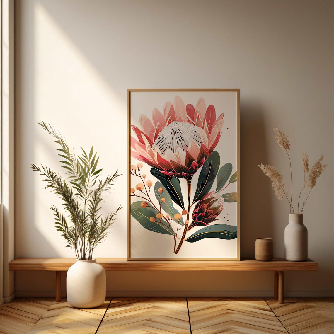 Blush Pink King Protea Stem Elegant Botanical Illustration Poster - Image 3