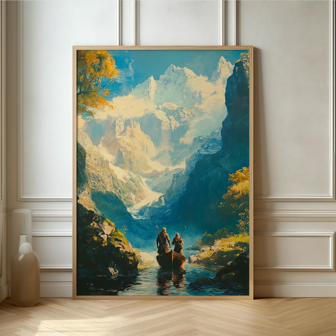 Epic Mountain Valley Boat Journey Fantasy Landscape Wall Art