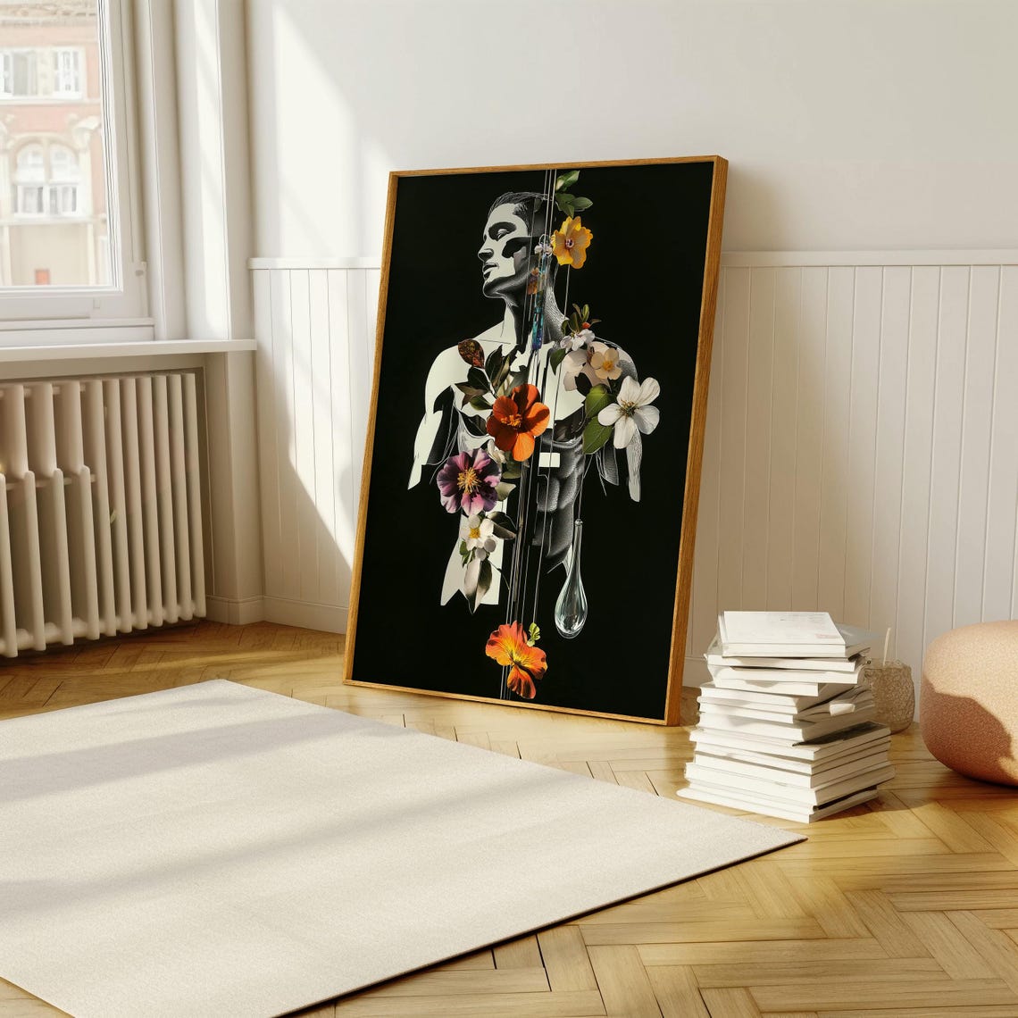 Surreal Floral Male Torso Silhouette Collage Art on Black Poster - Image 5