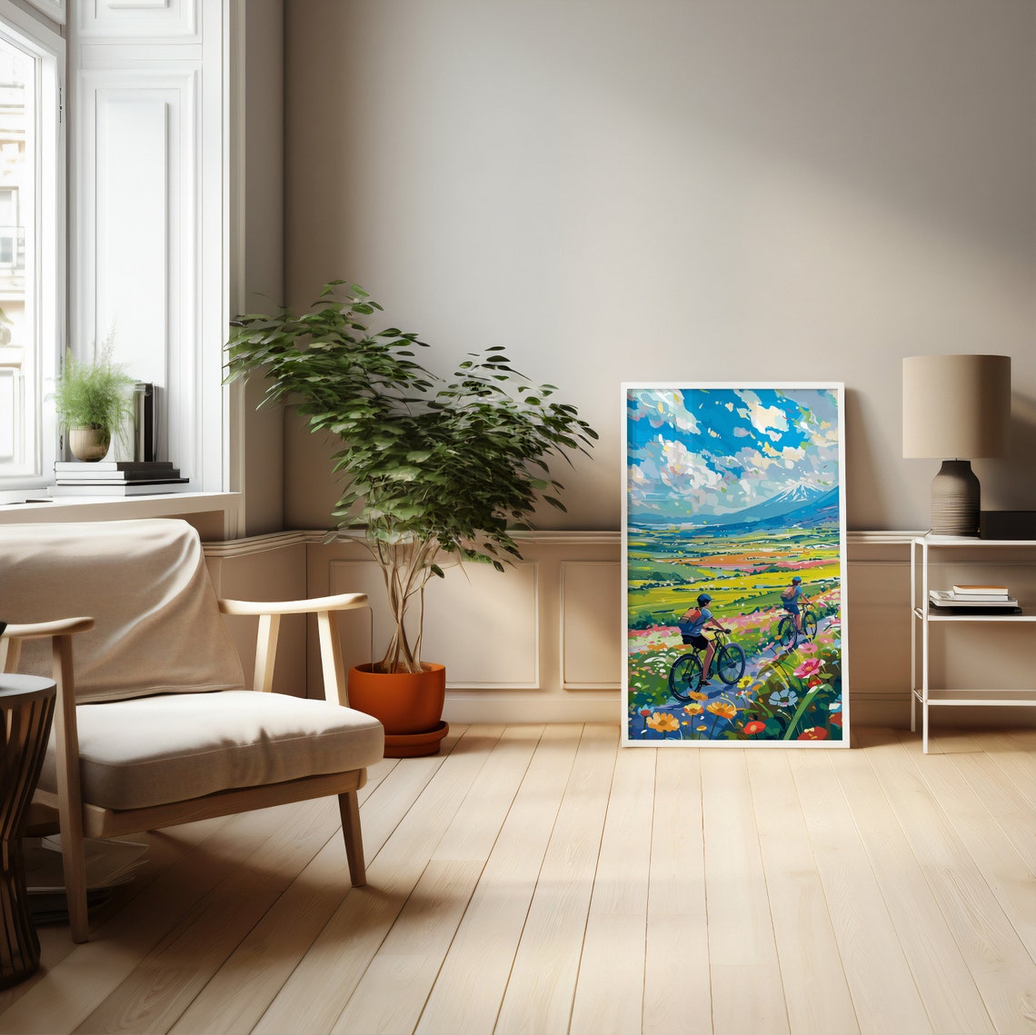 Cyclists Riding Through Flower Fields With Mount Fuji Beyond Poster - Image 4