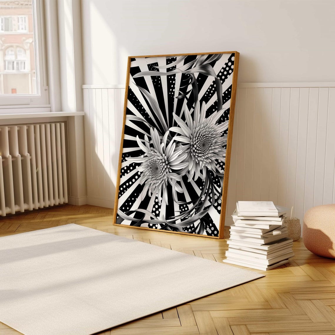 Dynamic Floral Contrast Bold Black And White Flower Poster With Radiant Background For Modern Interiors - Image 5