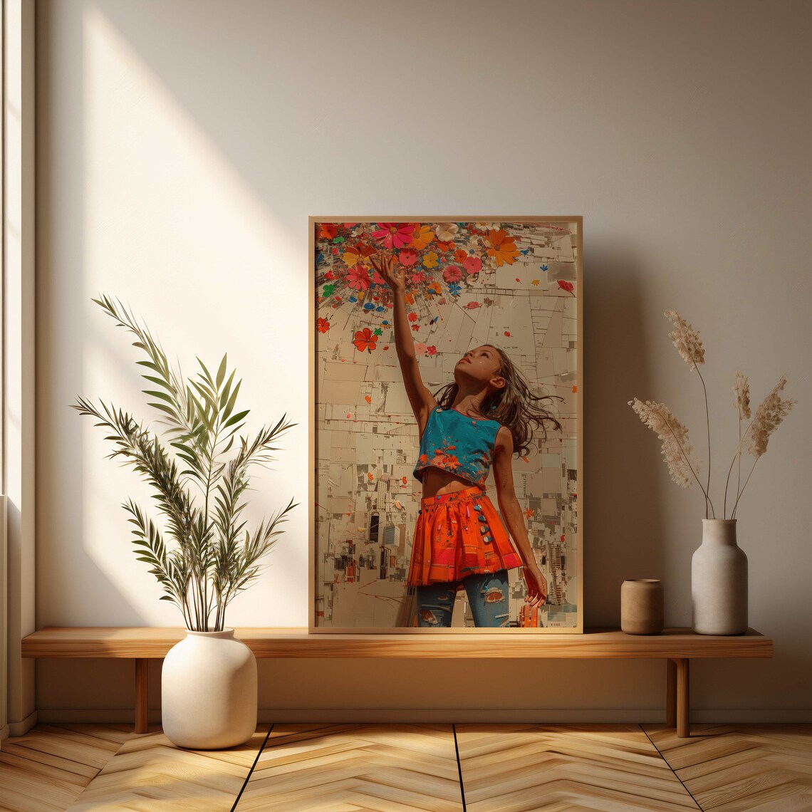 Joyful Child Tossing Flowers Urban Collage Whimsy Art Poster - Image 3