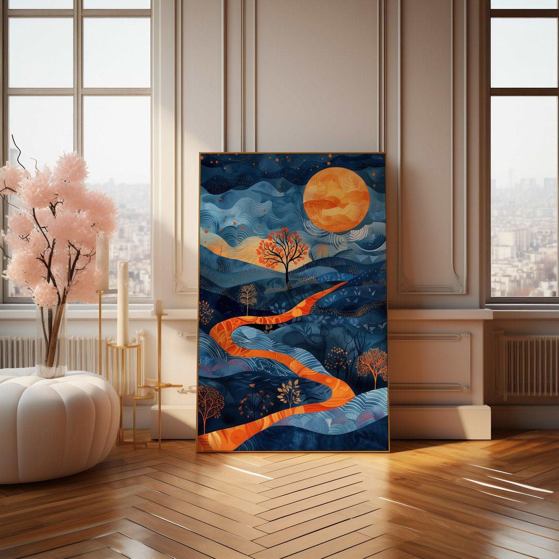 Moonlit Blue Hills with a Golden Winding Path Night Sky Poster - Image 4