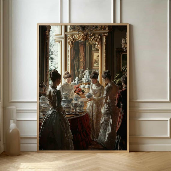 Vintage Tea Party Poster Aristocratic Victorian Women In Luxurious Setting