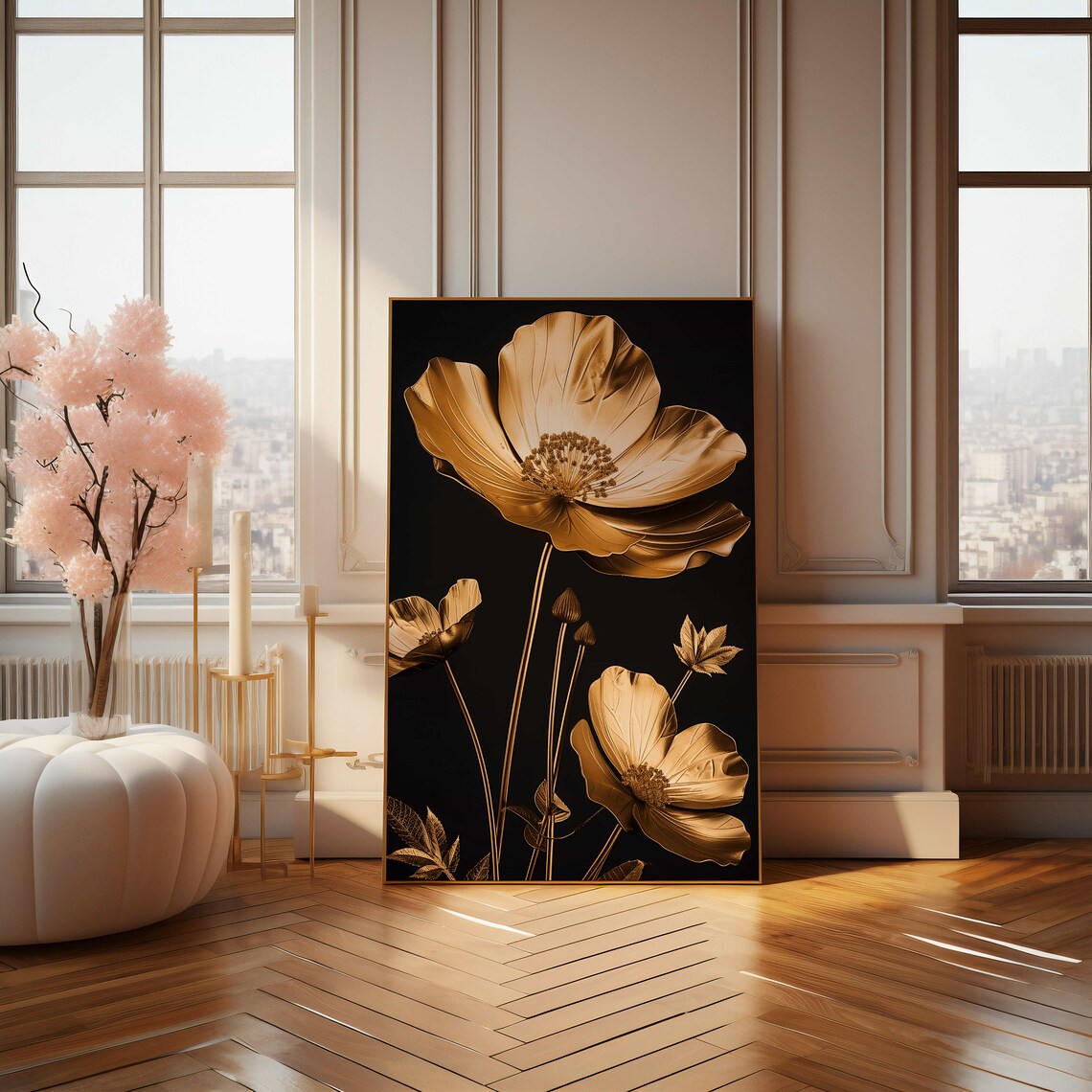 Modern Gold Flower Art Poster, Metallic Floral Decor - Image 4
