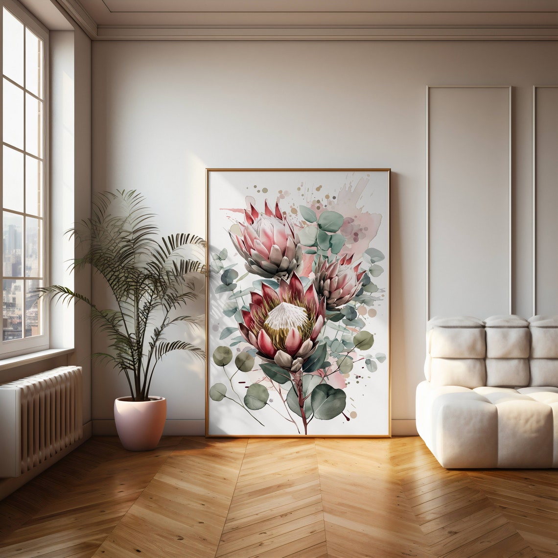 Pink King Protea Watercolor with Eucalyptus Botanical Art Poster - Image 4