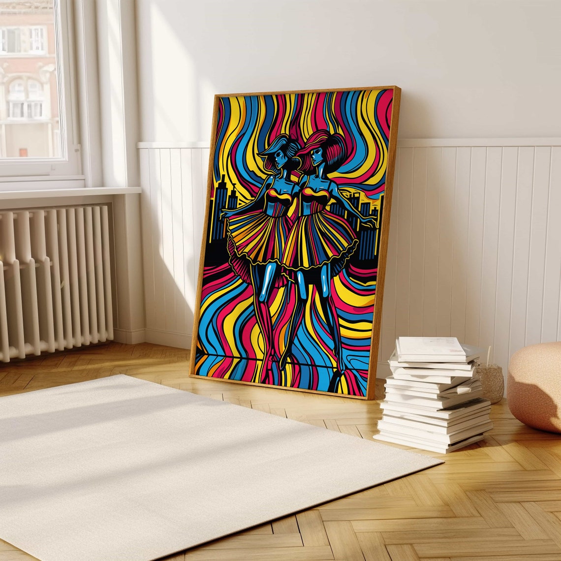 Neon Dancing Duo In Striped Dresses Vibrant Colorful Pop Art Poster - Image 5