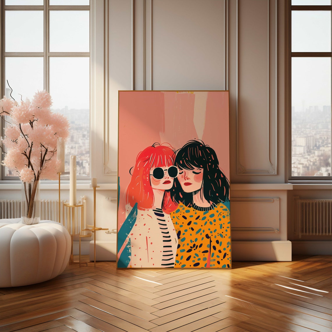 Two Cool Girlfriends Retro Fashion Portrait Illustration Poster - Image 4