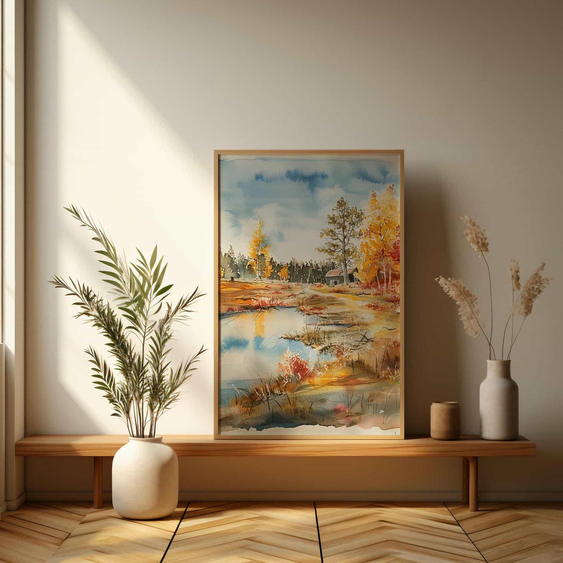 Rustic Autumn Cabin by Lakeside Watercolor Landscape Painting Poster - Image 3