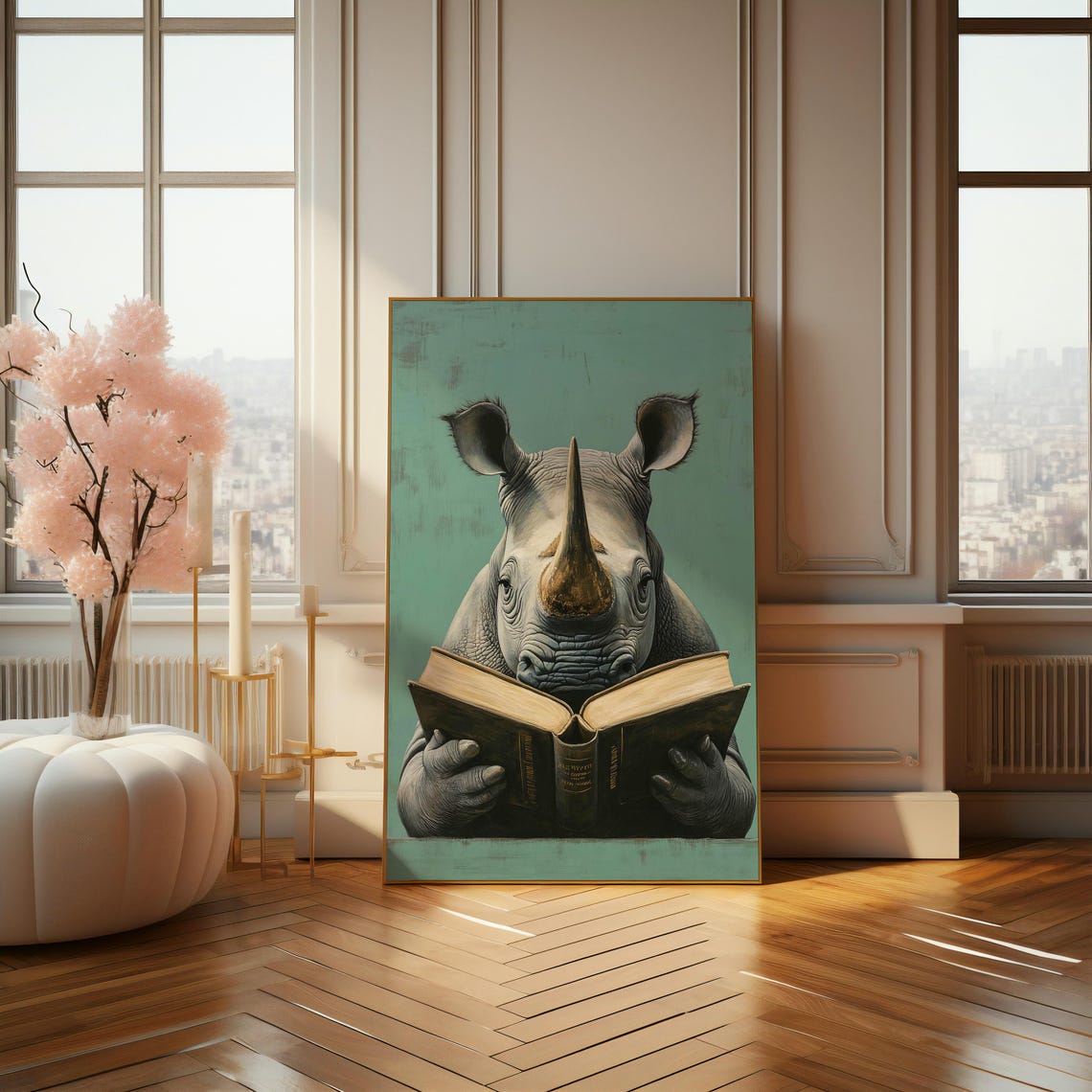 Intellectual Rhino Reading Book Whimsical Teal Animal Portrait Poster - Image 4
