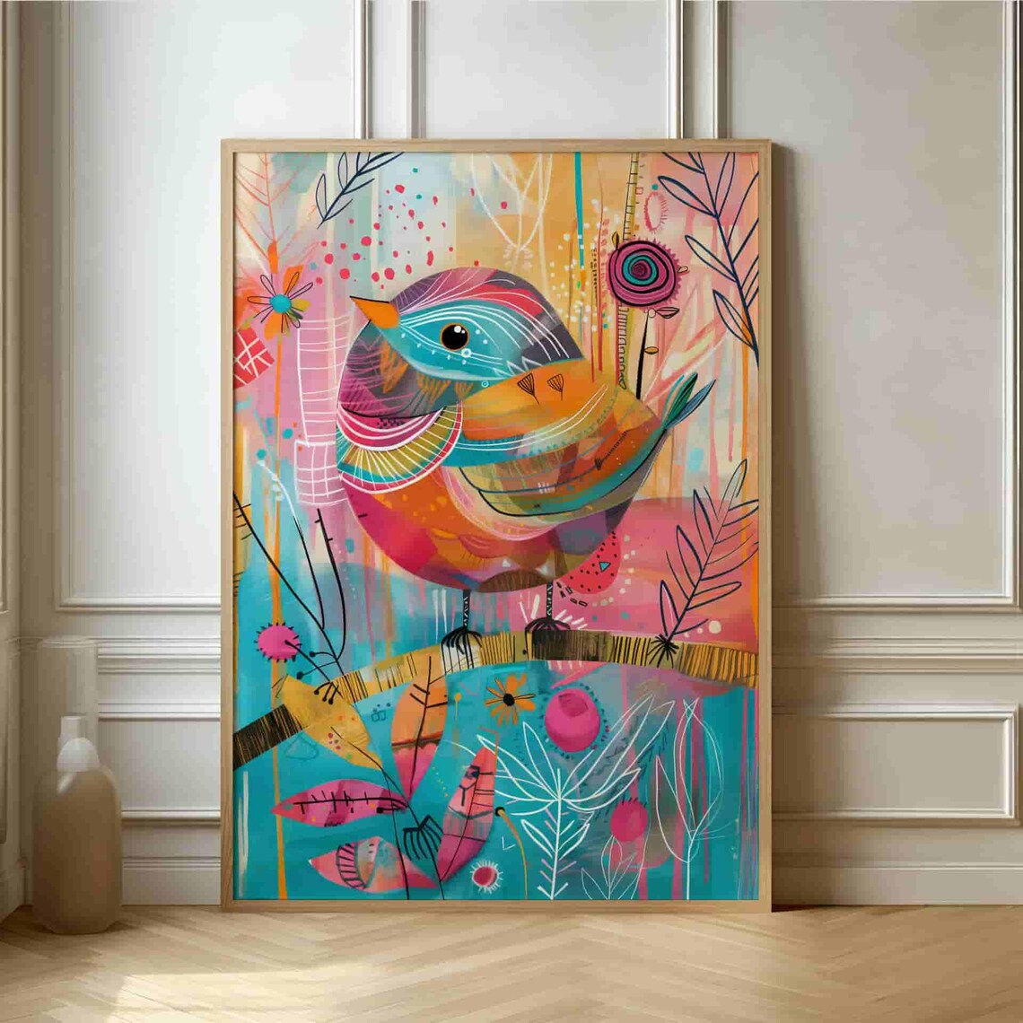 Whimsical Bird Art Print, Modern Living Room Decor