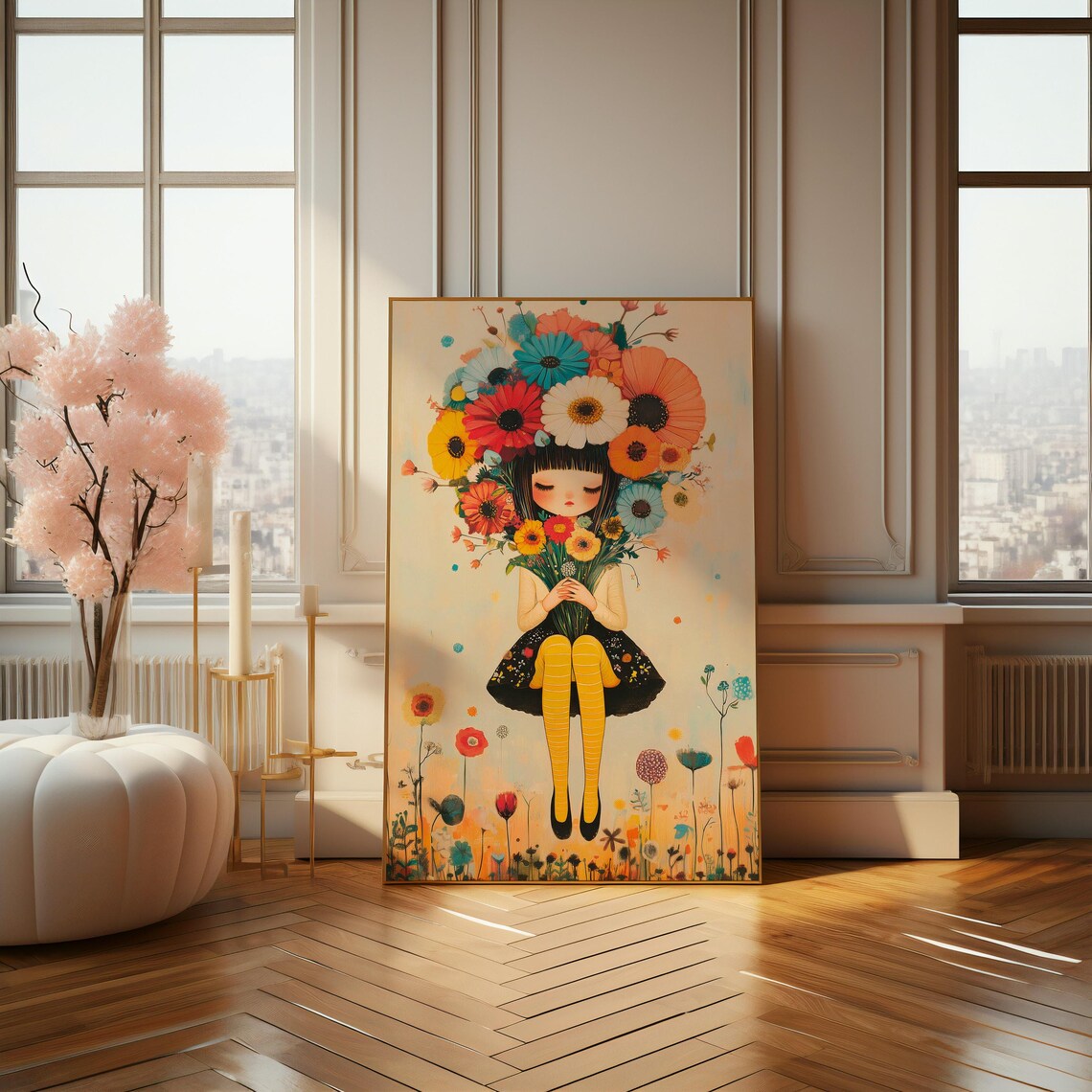 Sweet Girl Holding Giant Flower Bouquet Whimsical Illustration Poster - Image 4