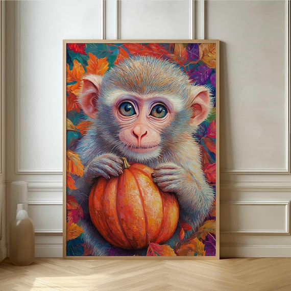 Adorable Baby Monkey Holding a Pumpkin Autumn Leaves Art Poster