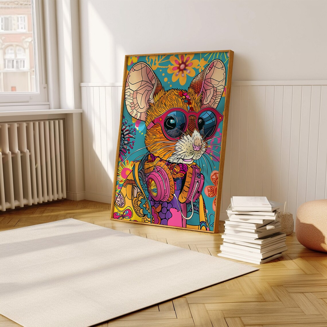 Bohemian Mouse With Pink Sunglasses and Headphones Pop Art Poster - Image 5