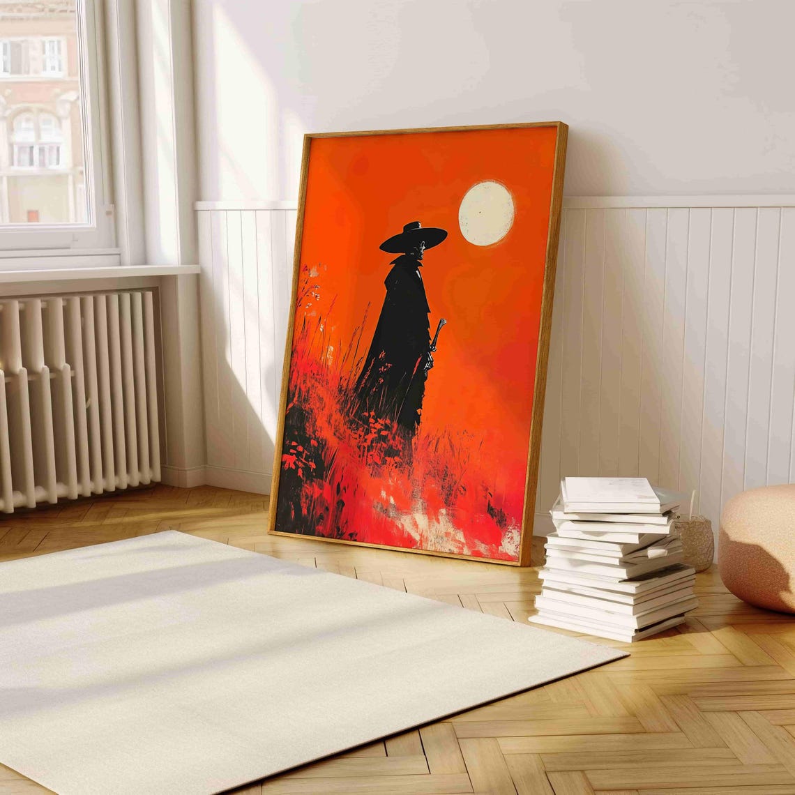 Lone Gunslinger Silhouette Against Blazing Orange Sunset Art Poster - Image 5