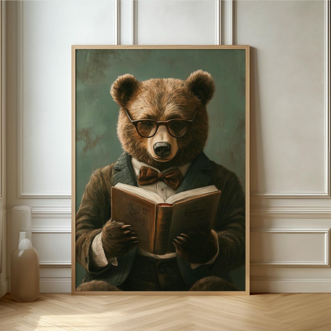 Dapper Bear Reading, Whimsical Vintage Art Print