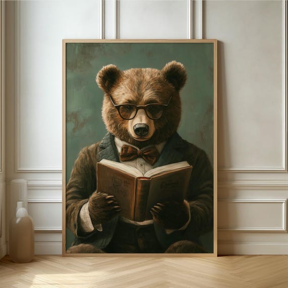 Dapper Bear Reading, Whimsical Vintage Art Print