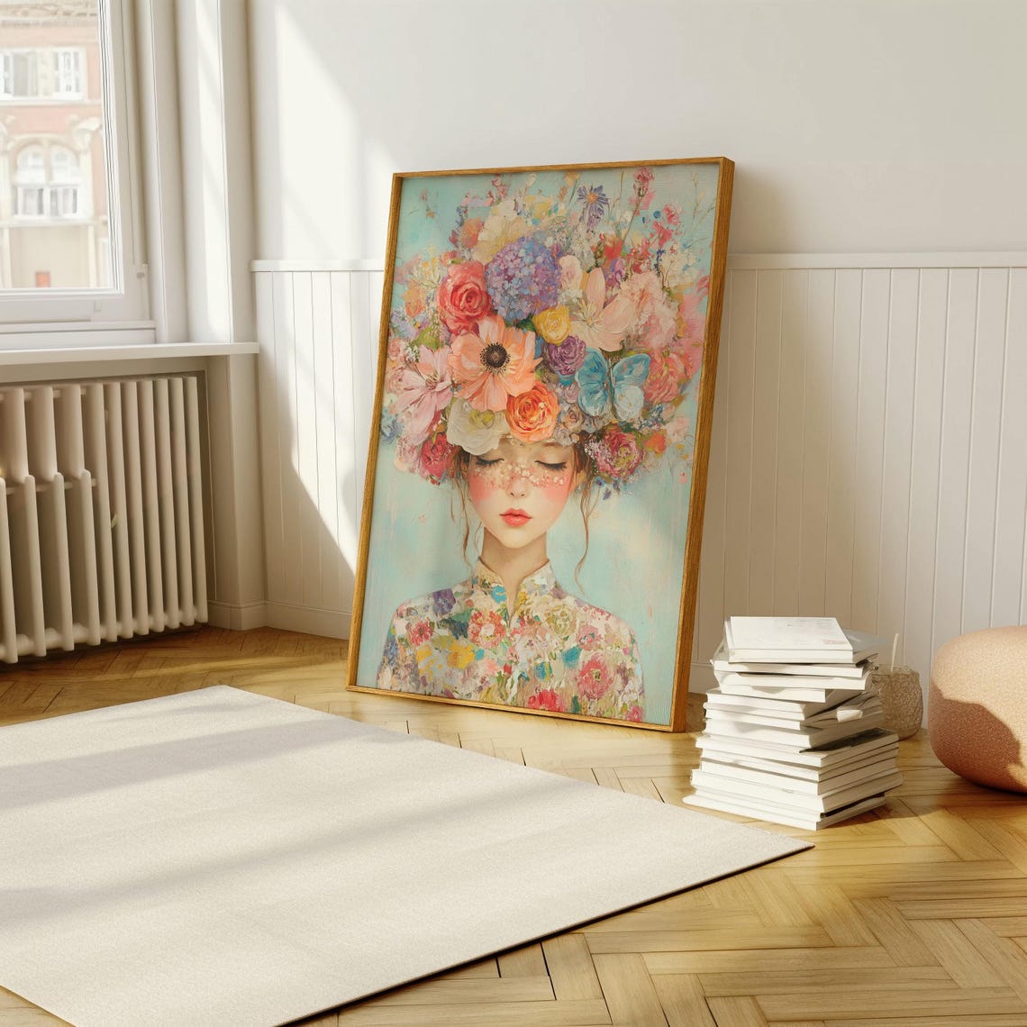 Woman with Floral Headdress Pastel Romantic Portrait Wall Poster - Image 5