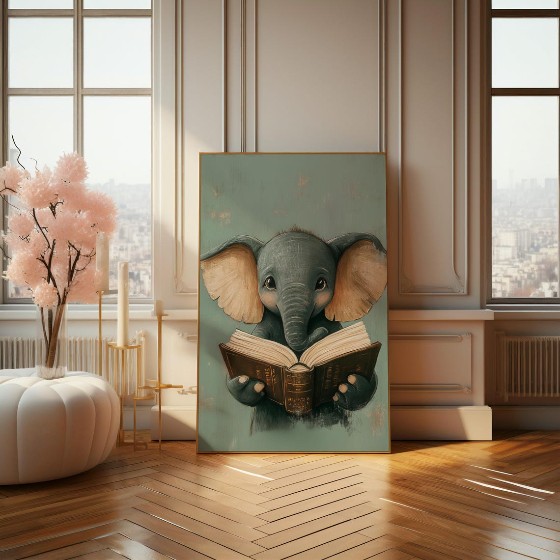 Baby Elephant Reading A Book On Teal Cute Nursery Room Poster - Image 4