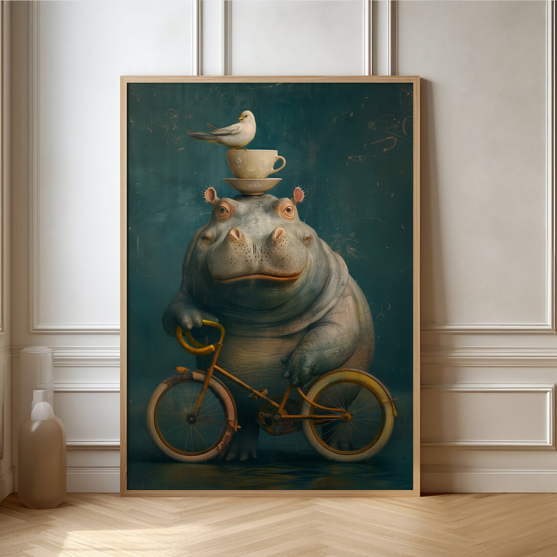Hippo And Bird Fantasy Animal Poster, Decorative Art Print