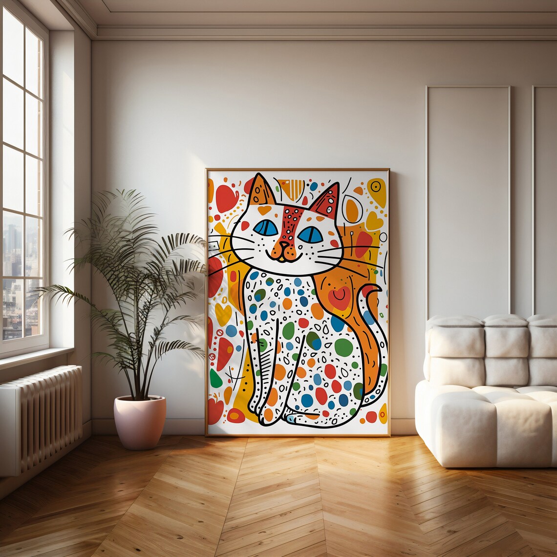 Simple Cat Doodle Art Print, Colorful Shapes and Polka Dots - Image 2