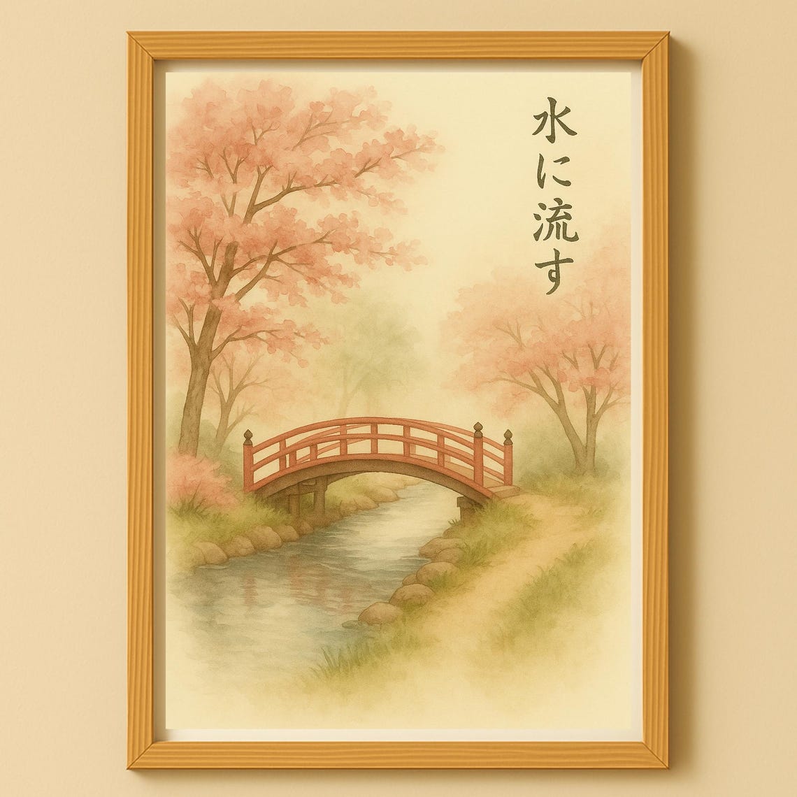 Red Japanese Bridge over a Stream in Cherry Blossom Season Poster