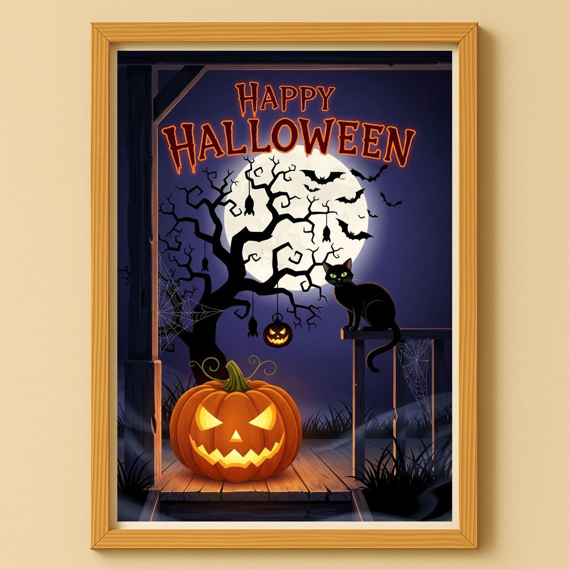 Halloween Pumpkin Cat Wall Art Poster Picture Illustration Spooky Party Decor Instant Print Hal2