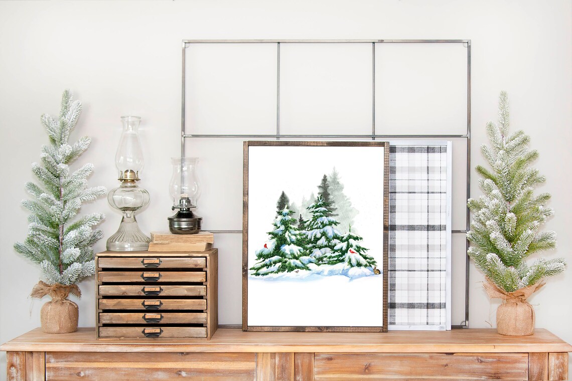 Snowy Evergreen Trees Watercolor Winter Woodland Red Cardinals Poster - Image 2