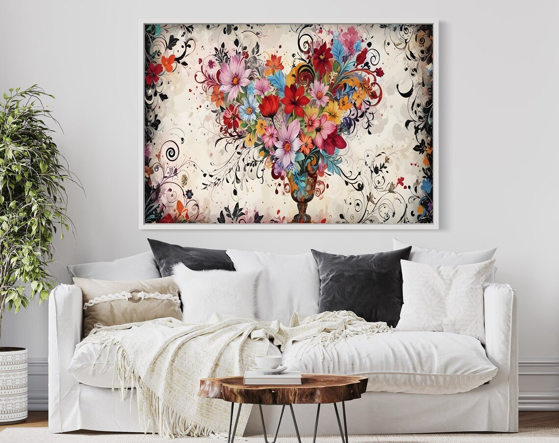 Romantic Heart Floral Bouquet Vase Vibrant Flower Art Poster