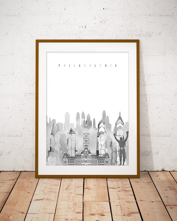Philadelphia Black and White Watercolor City Skyline Poster Art