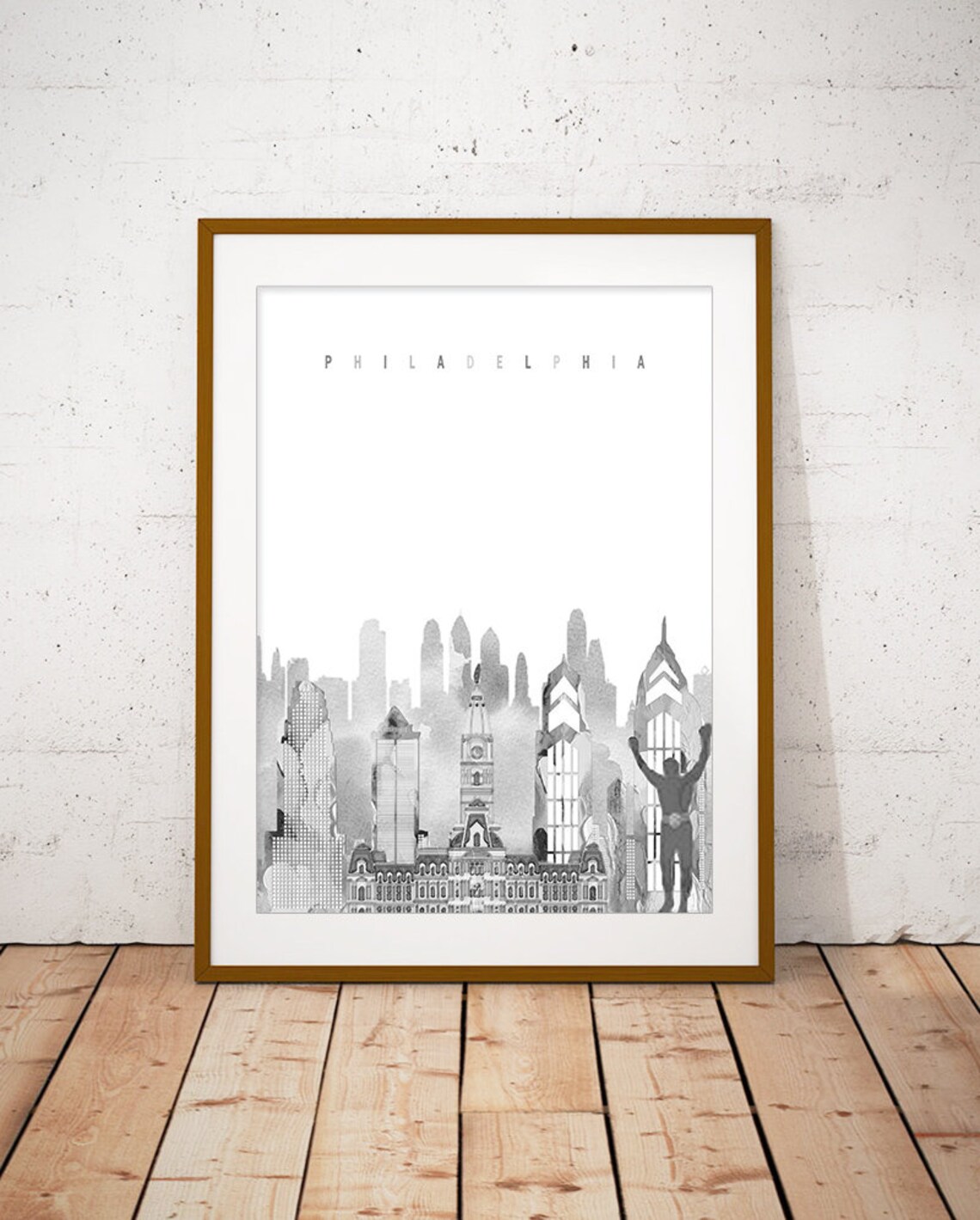 Philadelphia Black and White Watercolor City Skyline Poster Art