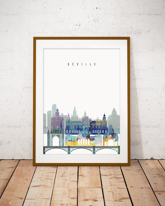 Seville Spain Watercolor Giralda Bridge Skyline Art Modern Home Decor Poster